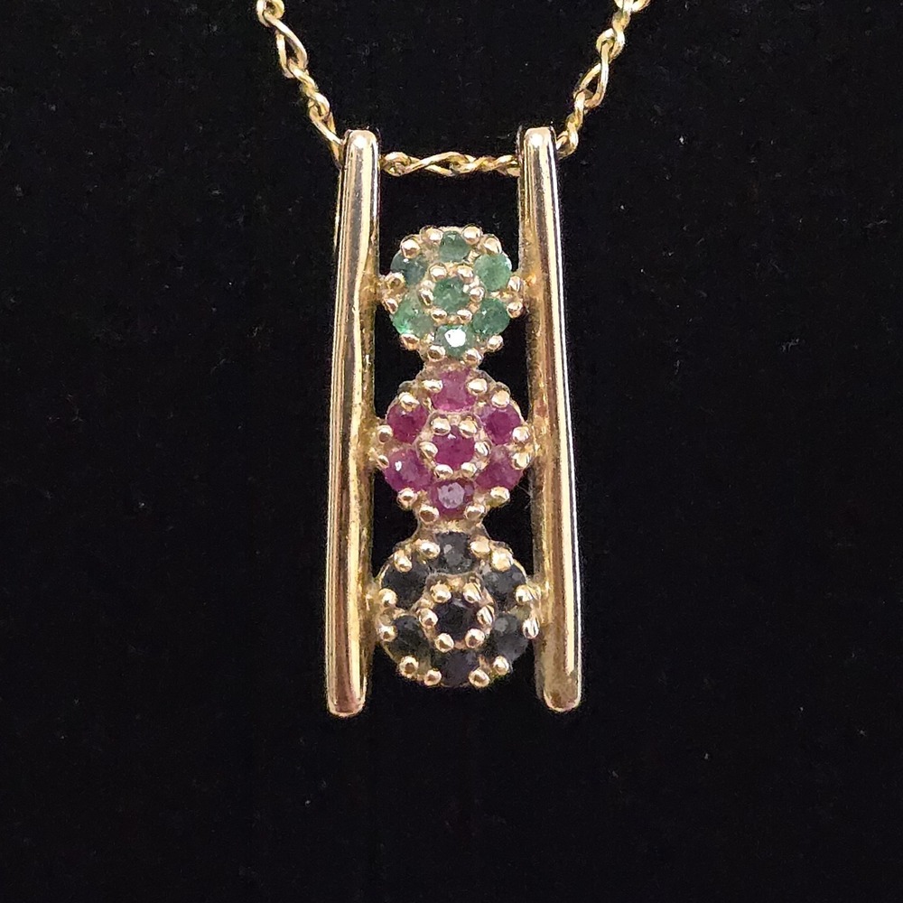 Ross Simons Gold Sterling Silver Emerald Sapphire Ruby Pendant 24" 14K GF Chain